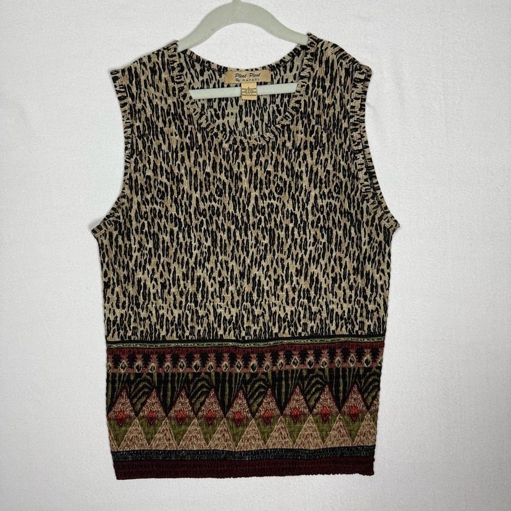 Pleat Pleat VTG Crinkle leopard Tank Top Black large vintage